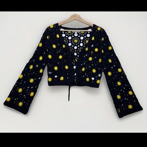 Francesca's Boho Crochet Granny Square Cardigan XS Sunflower Tie Front Layer